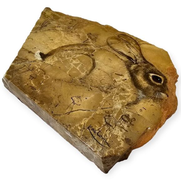 Vintage 80s Stone Slab Marble Rabbit Painting Signed Decor Piece - Picture 5 of 8